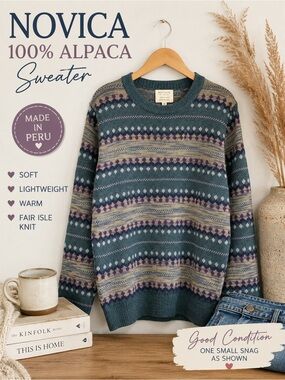 NOVICA 100% Alpaca Fair Isle Sweater Medium Blue Purple Made in Peru Soft